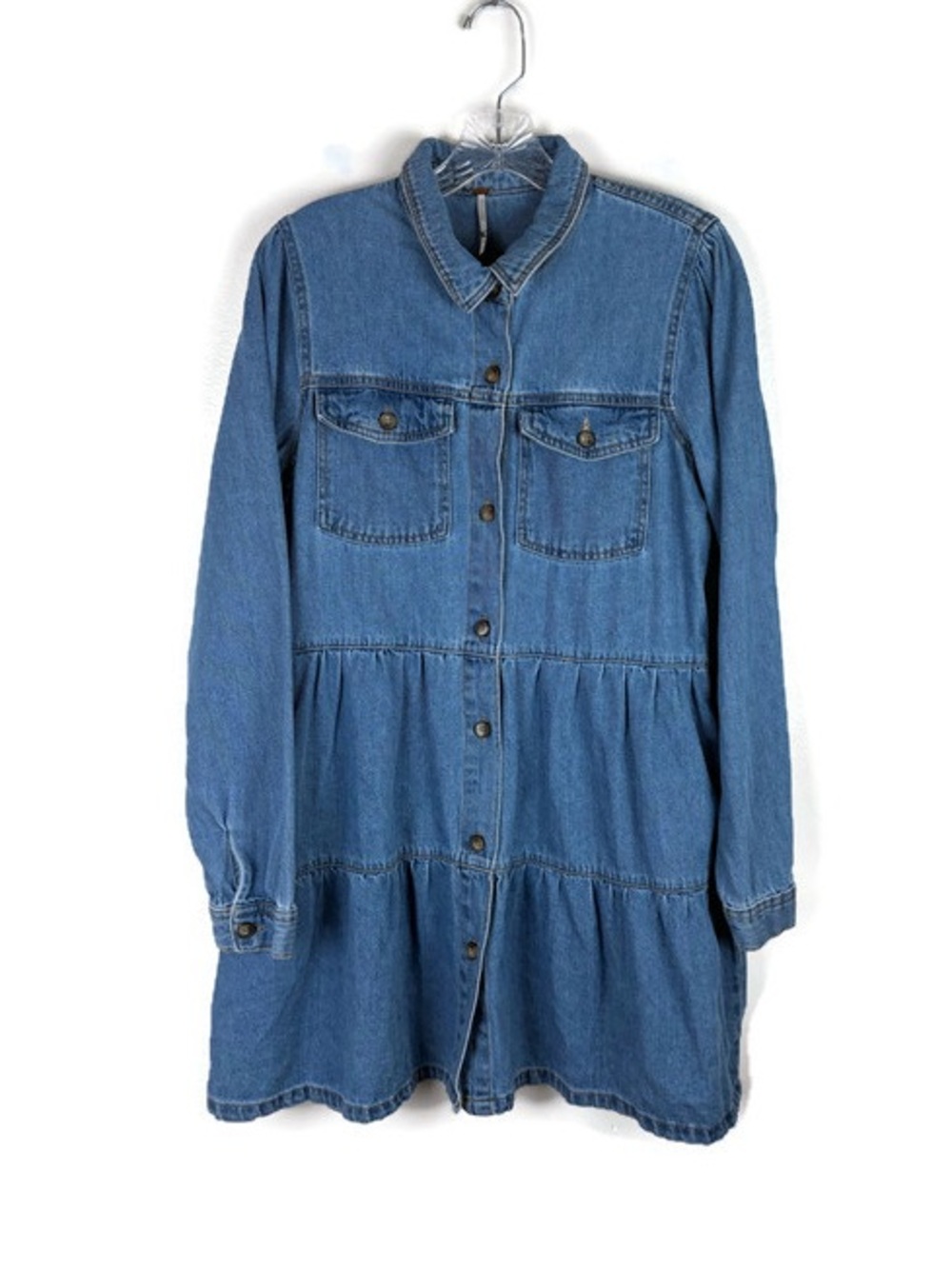 Free People Denim Button Up Long Sleeve Flowy Dress in Blue